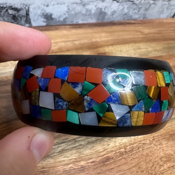 EUC Vintage Black Mosaic 925 Bangle Bracelet - Picture 7 of 11